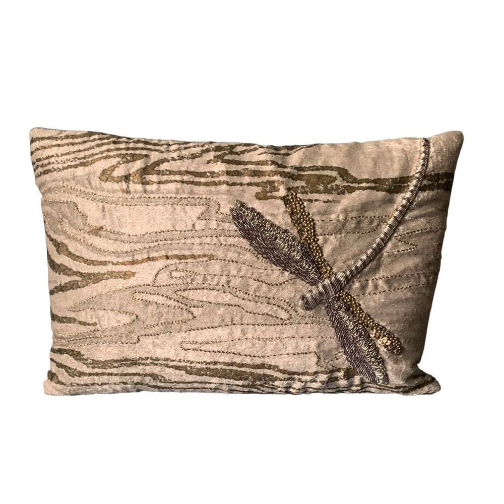 MICHAEL ARAM gray BEADED artsy DRAGON FLY 8” x 10” DECORATIVE PILLOW